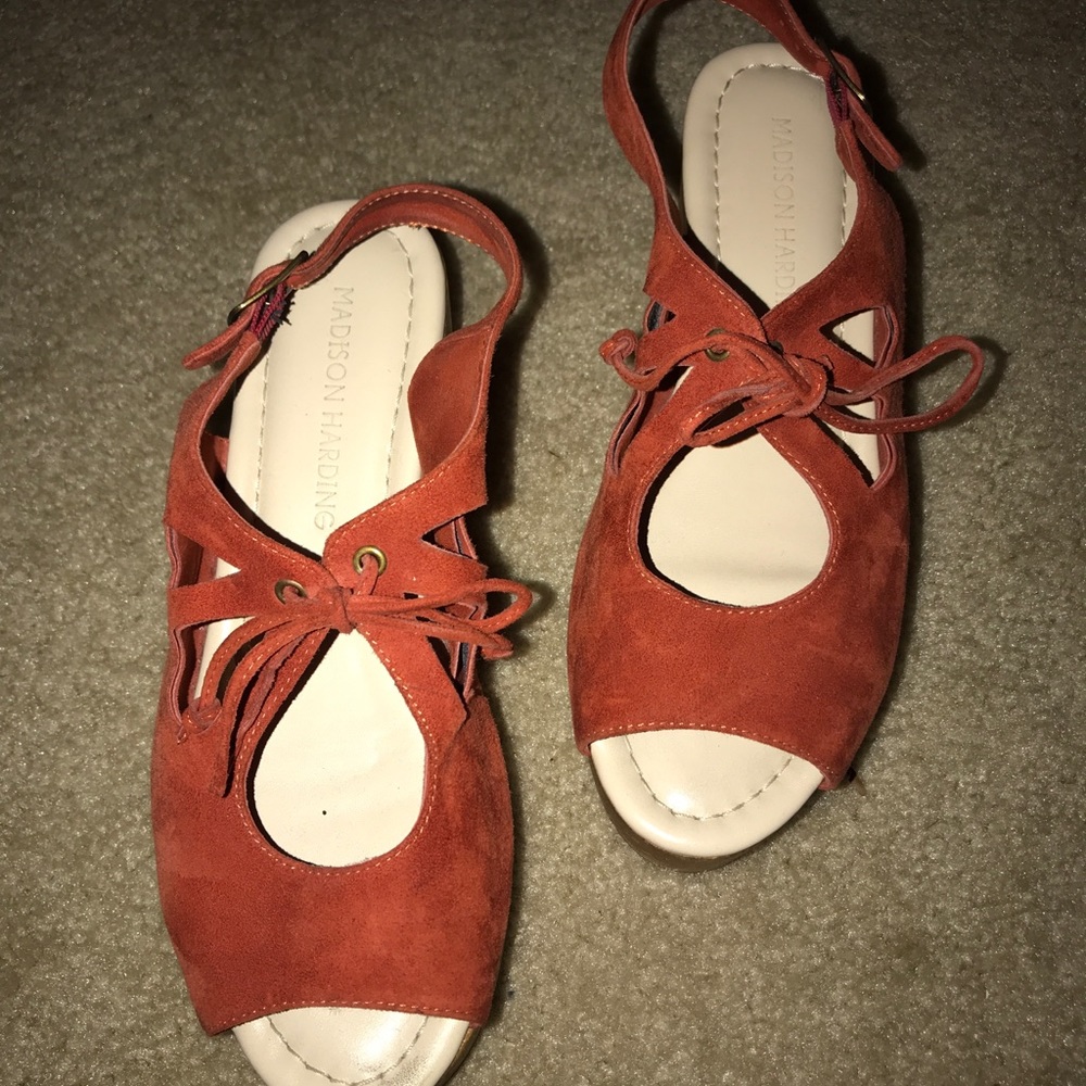 Red suade Anthropologie sandals | Madison Harding